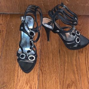 Bakers Black Open Toe Heels with Rhinestones